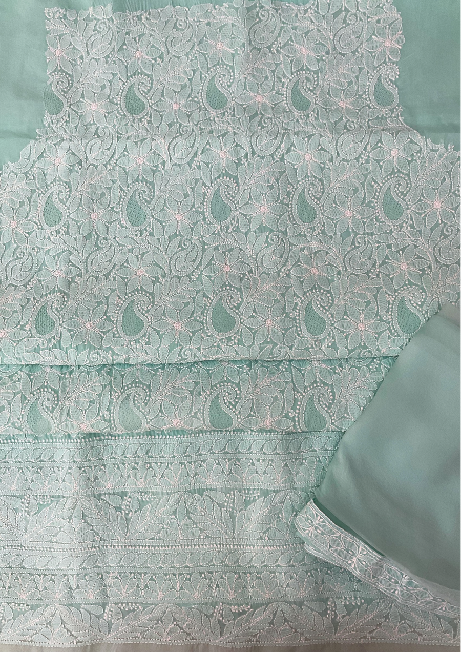 Cotton unstitched Chikankari Suit Material - Sea Blue