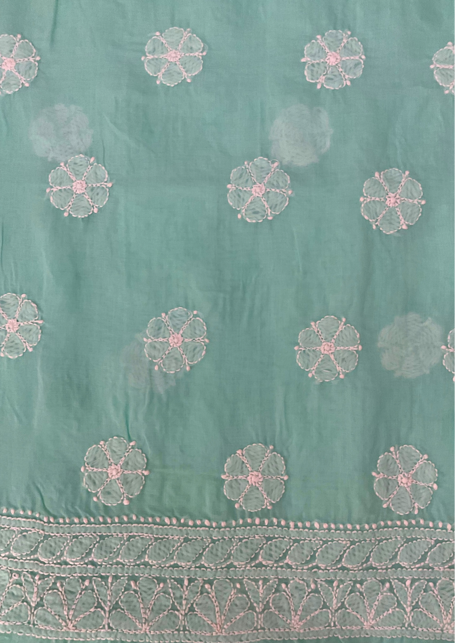 Cotton unstitched Chikankari Suit Material - Sea Blue