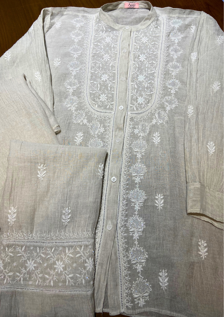 Chikankari Semistitched Silver Tissue Co-ord Set