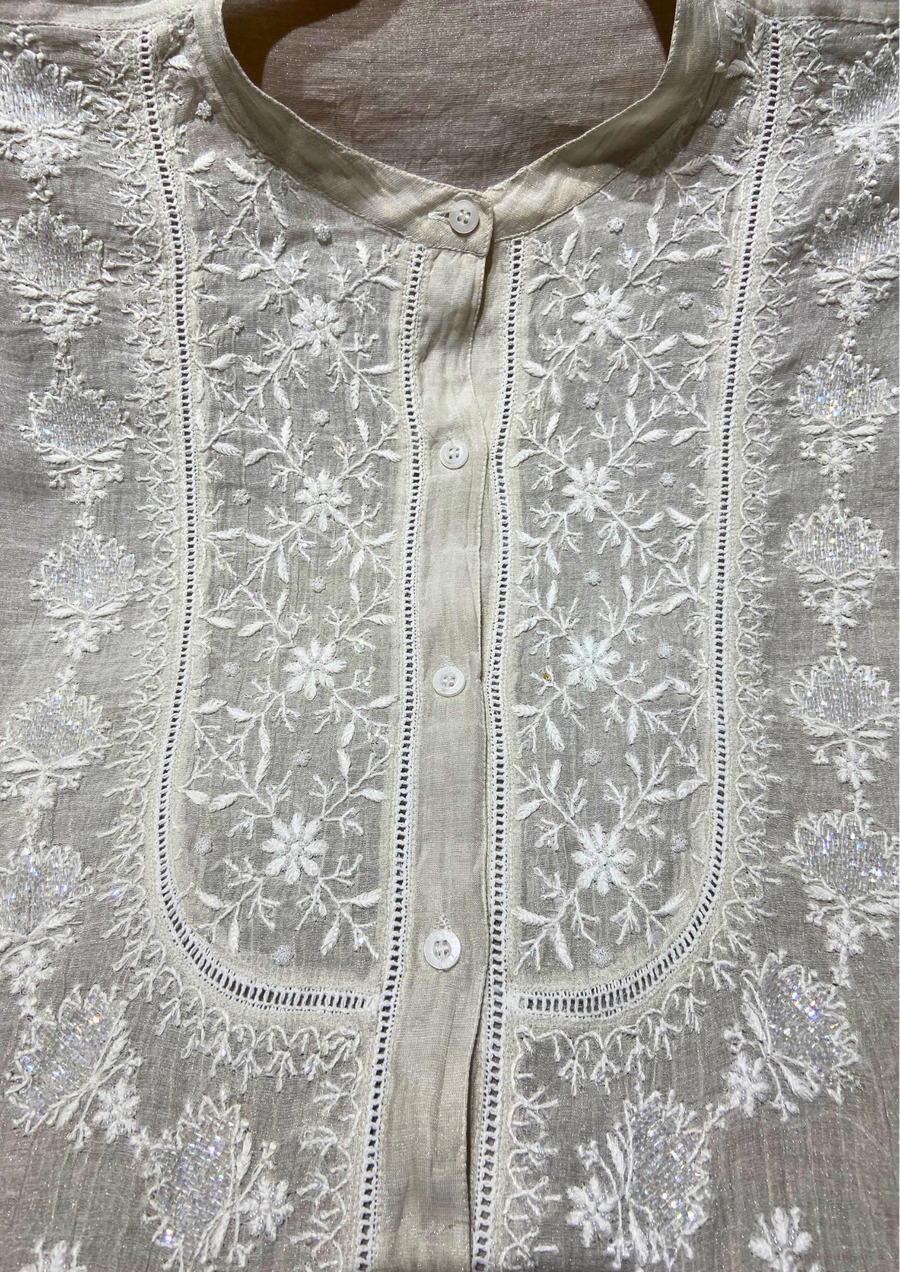 Chikankari Semistitched Silver Tissue Co-ord Set