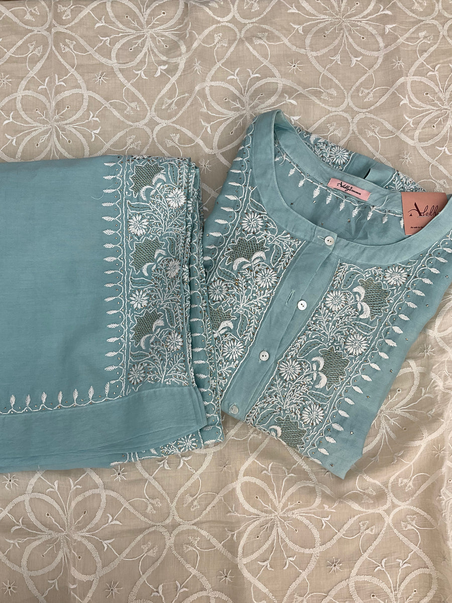 Chanderi chikankari coord set Semistitch - Sea Blue