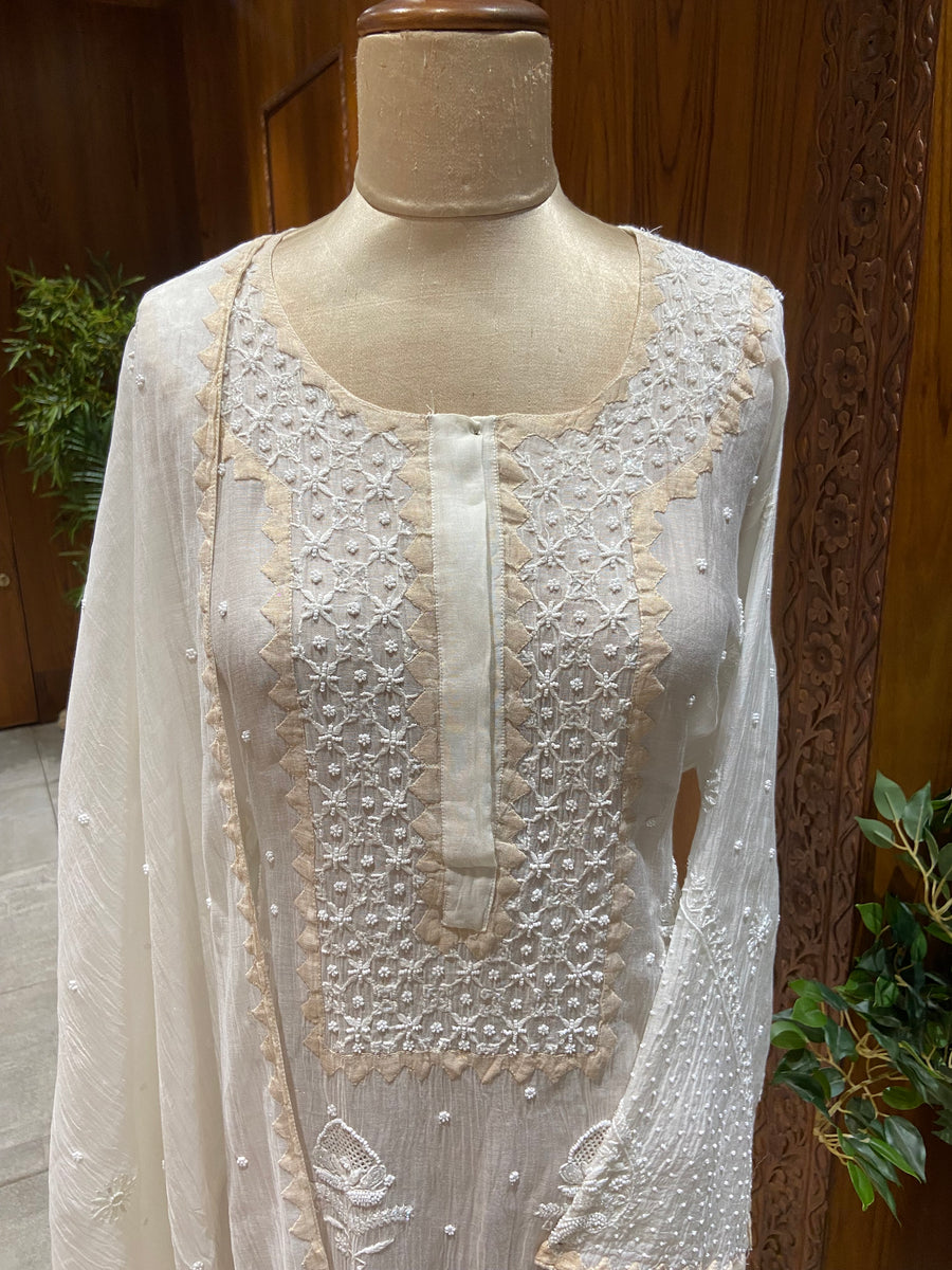 Mul Chanderi Semi Stitched Kurta and Dupatta Set - White