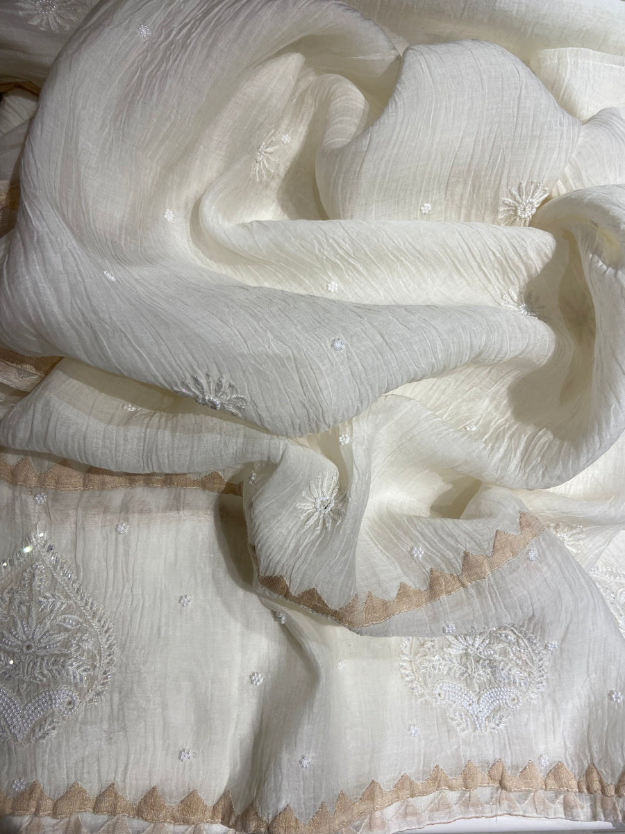 Mul Chanderi Semi Stitched Kurta and Dupatta Set - White