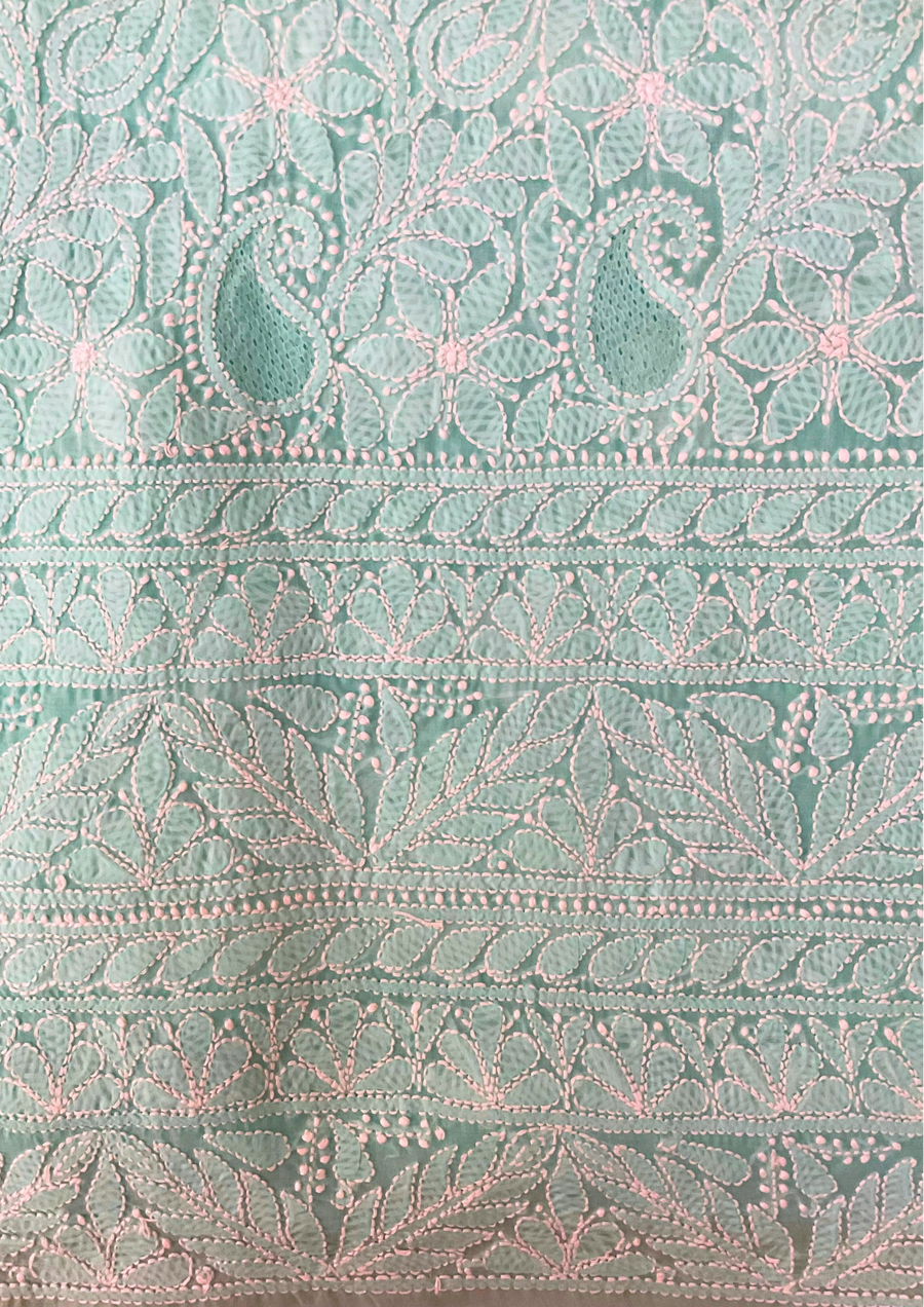 Cotton unstitched Chikankari Suit Material - Sea Blue