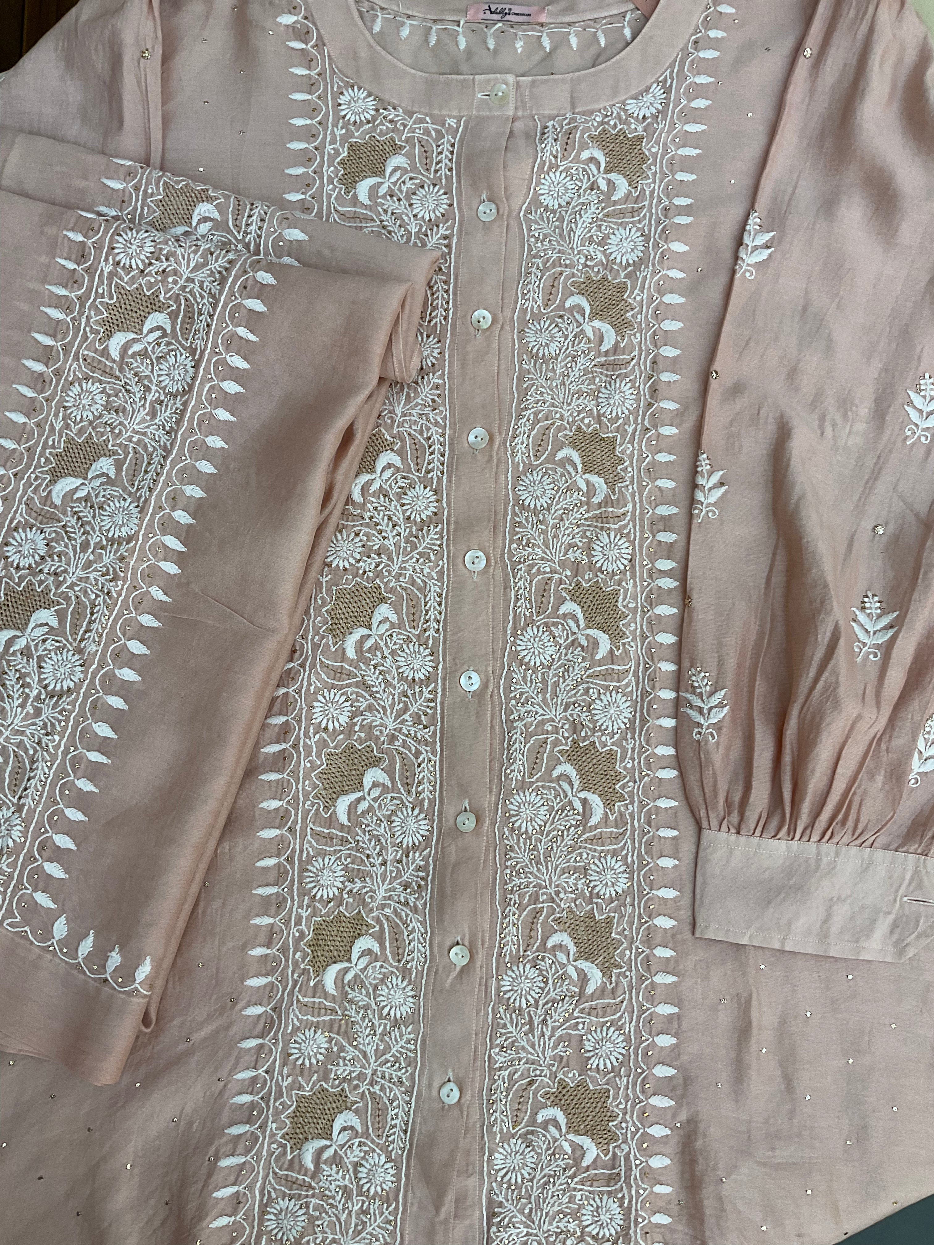 Chanderi chikankari coord set Semistitch -  Peach