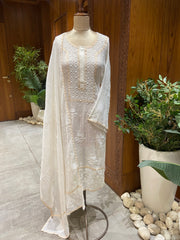 Mul Chanderi Semi Stitched Kurta and Dupatta Set - White