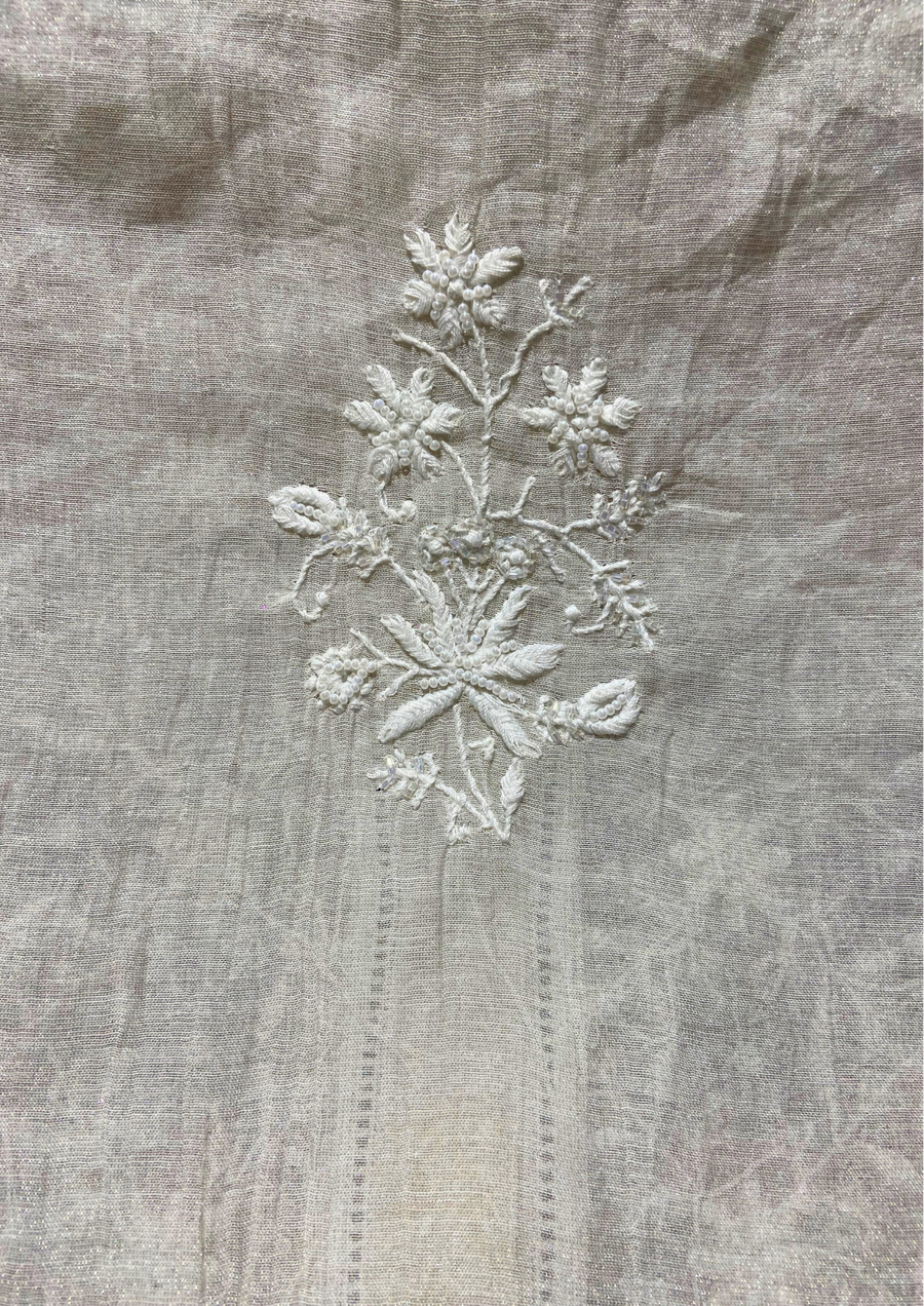 Chikankari Semistitched Silver Tissue Co-ord Set