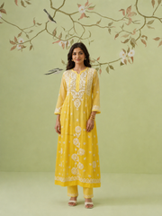 Viscose Anarkali Chikankari Kurta - Sunshine Yellow
